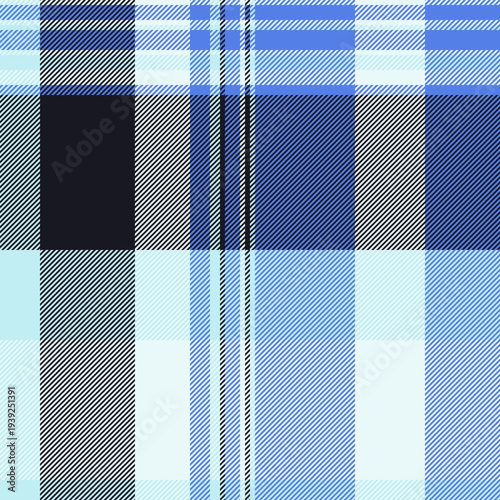 Awesome vector check plaid, page background seamless fabric. Glamor textile texture pattern tartan in blue and white colors.
