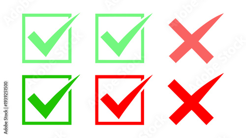 Gradient style checkmark and cross icons in green and red flat vector graphics for approval and rejection concepts