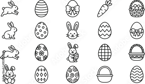 Black and white easter icons with bunnies and decorated eggs