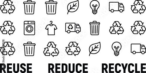 Black and white icons illustrating eco friendly practices like reuse, reduce, recycle