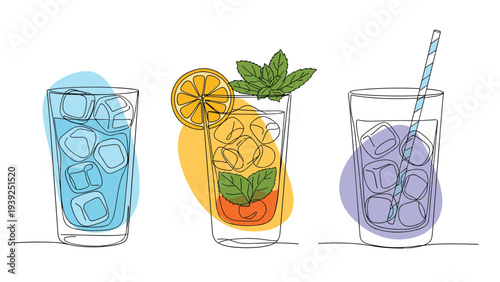 Three refreshing iced drinks in continuous one-line art style glasses, featuring a water, an orange and mint cocktail, and a straw drink, with colorful abstract splashes.