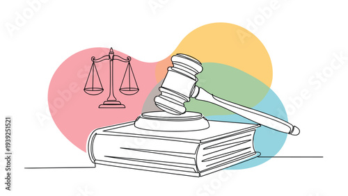 Continuous one-line art drawing depicting a gavel and scales of justice resting on a law book, surrounded by colorful abstract shapes.
