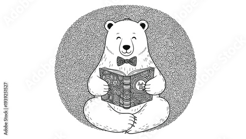 Charming black and white illustration of a happy polar bear wearing a bow tie, sitting and reading a beautifully patterned book, against a whimsical doodle background.