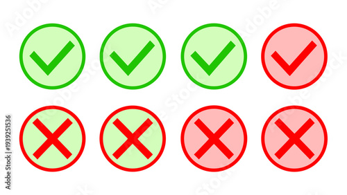Green checkmark and red x mark symbols in circles for approval and rejection on white background