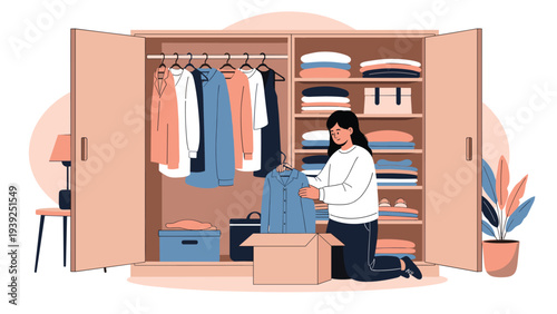 Organized woman diligently sorting and folding clothes, placing them into a box in a spacious open wardrobe, symbolizing decluttering and donation.