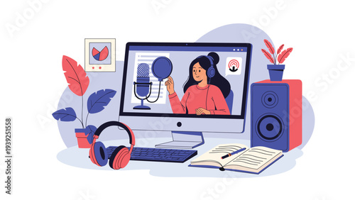 Young woman recording a podcast or online audio content on a desktop computer, equipped with a microphone, headphones, and sound studio accessories.