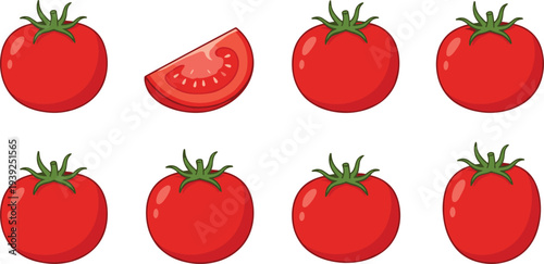 Collection of whole and sliced red tomatoes with green leaves on top