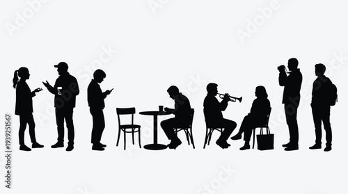 Silhouette of people in various poses with musical instruments and sitting at table