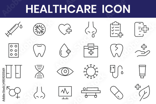 Healthcare icons set. Healthcare set of web icons in line style.Medicine and Health Care linear icon collection. Containing emergency, doctor, treatment, medical, report, diagnosis health, prevention
