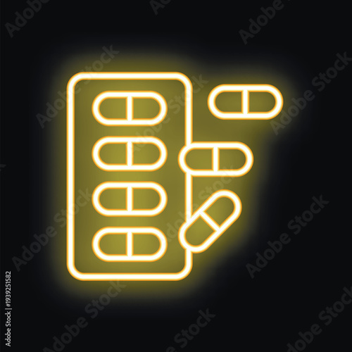 Yellow neon icon of a blister pack dispensing capsules, representing pharmaceutical industry and medication