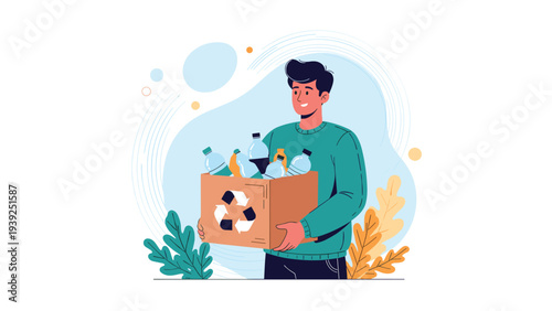 Smiling man responsibly holding a cardboard box filled with plastic bottles marked for recycling, promoting environmental awareness and sustainability.