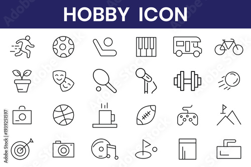 Hobby icon set.. Hobby and recreation linear icons. Hobbies for children and adults at home and outdoors. Sports, diving, dancing, reading, drawing, music and singing, collecting, chess, astronomy.