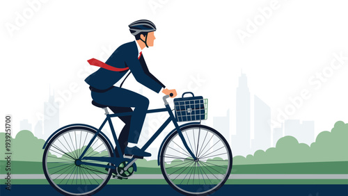 Professional businessman in a suit and helmet diligently cycling with a briefcase in a green park, against a distant city skyline, promoting sustainable commute.