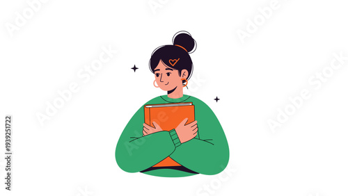 Cheerful young woman with a stylish bun hairstyle, happily embracing and hugging a vibrant orange book close to her chest.