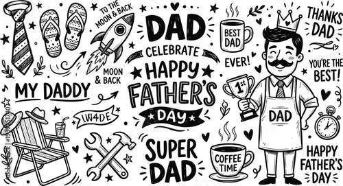 Black and white illustration of fathers day themed words and objects