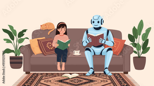 Modern scene of a young girl and an intelligent robot peacefully reading books together on a couch, with a sleeping cat and houseplants.