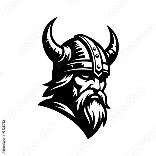 Logo vikingo nórdico. Icono con guerrero nórdico con casco bárbaro con cuernos