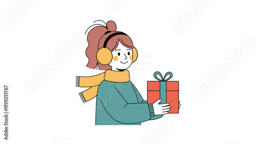 Cheerful young girl wearing warm earmuffs and a cozy scarf, happily holding a beautifully wrapped red gift box.