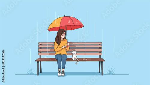 Young girl and a small white cat sitting cozily on a park bench under a colorful umbrella, seeking shelter from the gentle rain.