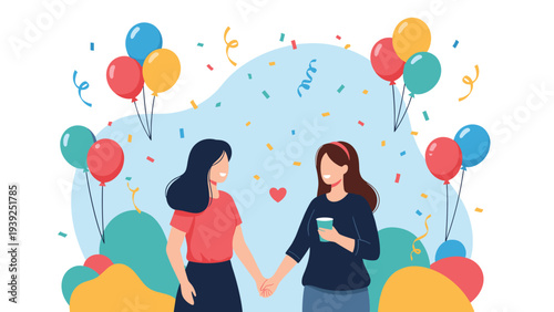 Joyful scene of two women holding hands, happily celebrating amidst colorful balloons and falling confetti, symbolizing friendship or love.