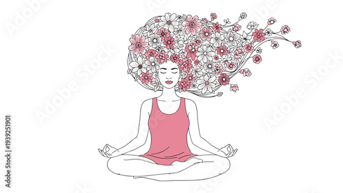Beautiful one-line art drawing of a woman in a meditative yoga pose, with intricate flowers blooming creatively from her head, symbolizing inner peace and nature.