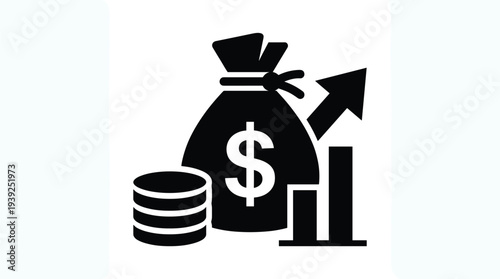 Black icon of a money bag with a dollar sign and coins with a growing graph