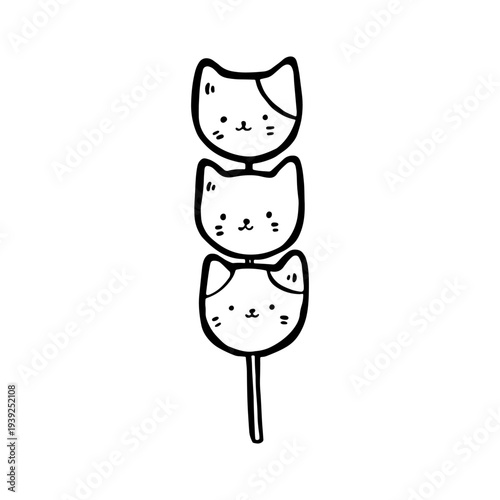 Doodle dango illustration in vector style. Japanese sweet mochi dessert. Cute and aesthetic design with cats, perfect for food, dessert, wagashi. Ideal for prints, packaging, branding