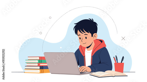 Happy young boy diligently studying and working on a laptop at a desk, surrounded by books and stationery, symbolizing online learning and education.