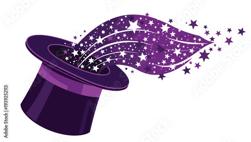 Mystical purple magic hat with an enchanting cascade of stars and sparkles creatively emerging from its opening, symbolizing wonder and illusion.