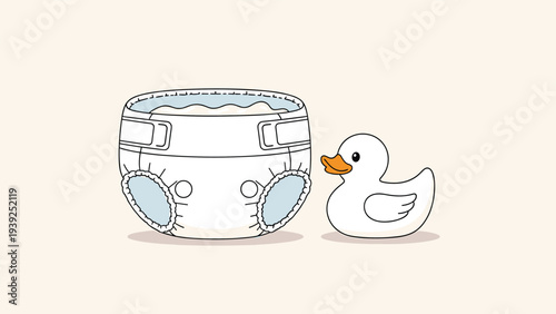 Cute illustration featuring a soft white baby diaper placed next to a classic yellow rubber duck, symbolizing baby care and playtime.