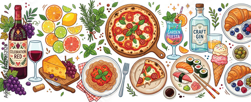 A variety of delicious food and drinks including pizza, sushi, wine, and pastries