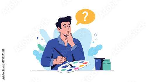 Thoughtful man painting on a palette with a brush, featuring a question mark above his head, symbolizing creative block or artistic contemplation.