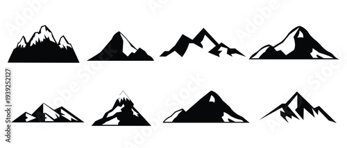 mountain peak silhouette vector icon set.  vintage hill peak outline for forest logo or nature landscape design. landscape silhouettes, featuring snowy summits in a minimalist vector style