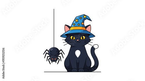 A charming black cat wearing a blue wizard hat with yellow stars sits beside a hanging black spider, creating a playful Halloween scene.