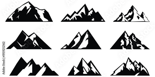 mountain peak silhouette vector icon set.  vintage hill peak outline for forest logo or nature landscape design. landscape silhouettes, featuring snowy summits in a minimalist vector style