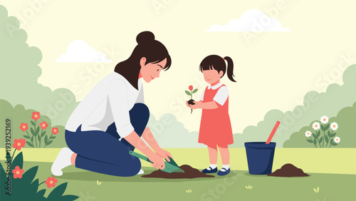 A mother and her young daughter happily plant a red flower in a garden, enjoying a bonding activity surrounded by nature.