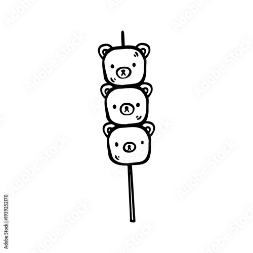Doodle dango illustration. Bear - shaped Japanese sweet dumplings isolated on white background. Cute and simple outline design suitable for food design, packaging