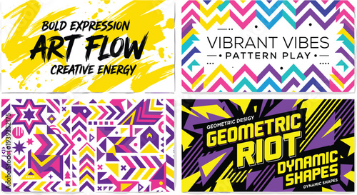 Vibrant and dynamic geometric pattern set with bold expressions and artistic flows in purple, blue, yellow, and pink hues