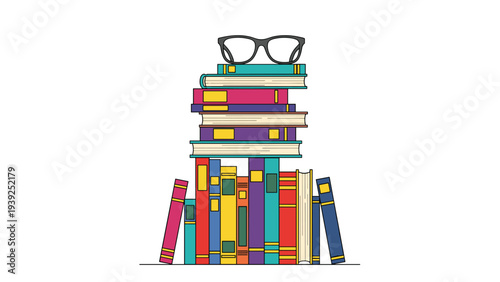 A tall stack of colorful books with a pair of eyeglasses resting on top, symbolizing education, knowledge, and intellectual pursuits.