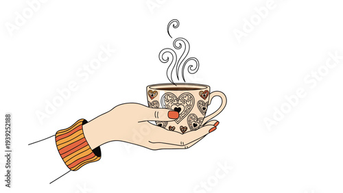 A delicate hand holds a steaming cup of coffee with intricate heart patterns, symbolizing warmth, comfort, and affection.