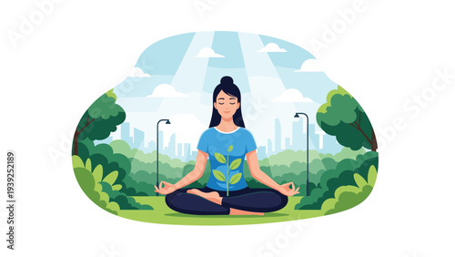 A woman meditates in a lotus position in a serene park with a cityscape background, embodying peace, wellness, and connection with nature.