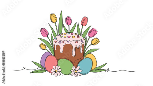 A continuous line drawing depicts an Easter cake surrounded by colorful eggs, tulips, and flowers, symbolizing spring and holiday celebrations.