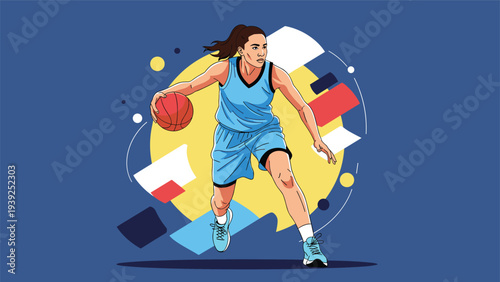 A dynamic illustration of a female basketball player dribbling the ball, showcasing athleticism, sport, and competitive spirit.