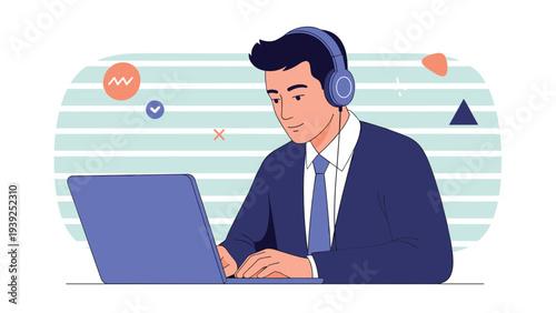 A focused businessman with headphones works on a laptop, representing remote work, online learning, and digital communication.