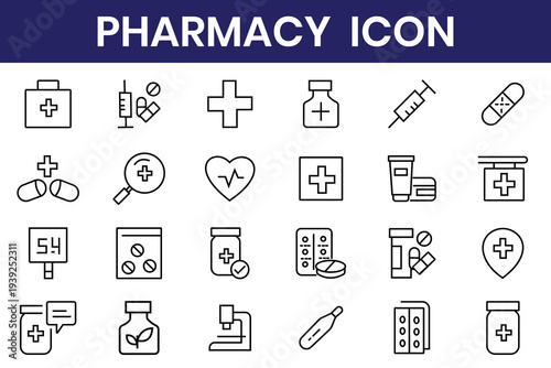 Pharmacy icon set. Pharmacy and Health Line Icons. Vector pharmacy icons.  Medicine, bandage, medication, prescription, treatment, health and syringe symbol. Features essential vector icons