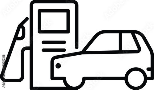 Black line drawing of a car refueling at a gas station pump