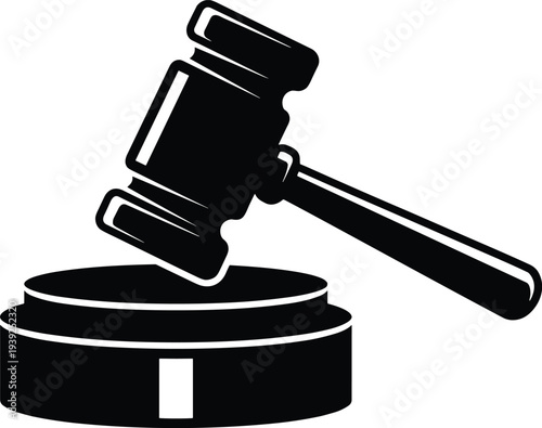 Black and white illustration of a gavel on a sound block used for legal concepts