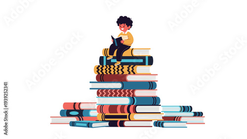 A young boy with curly hair happily sits on a towering stack of diverse books, representing a love for reading and knowledge.
