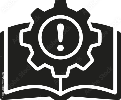 Black icon of an open book with a gear and exclamation mark on isolated for warning or maintenance concept