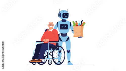 A caring robot assists an elderly man in a wheelchair, holding a bag of groceries, symbolizing future support for seniors and smart home care.